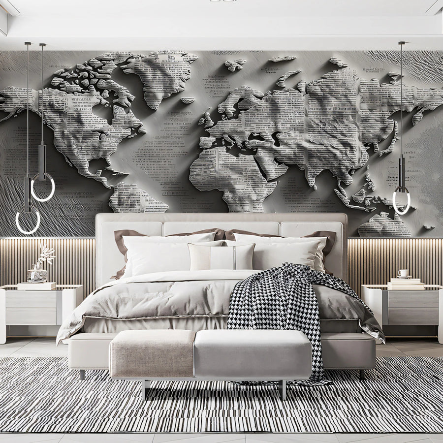 Textured Newsprint World Map Mural Wallpaper — Monochrome Relief Art Mural Wallpaper