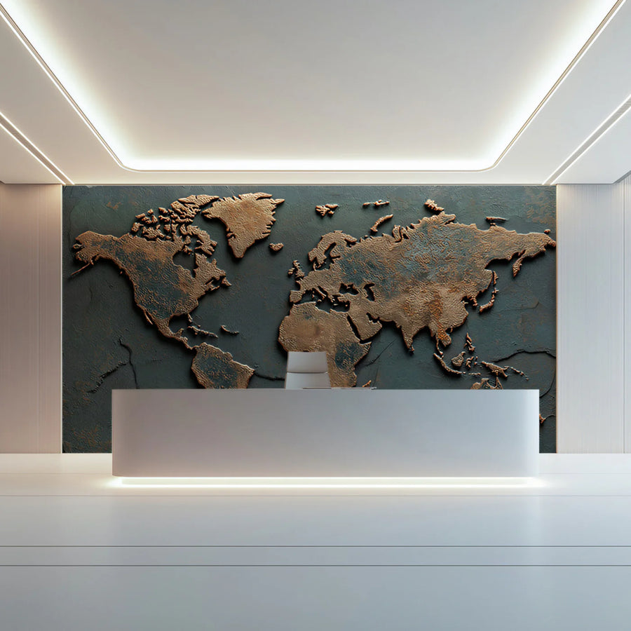 Aged Copper World Map Mural Wallpaper — Rustic Industrial Patina Mural Wallpaper