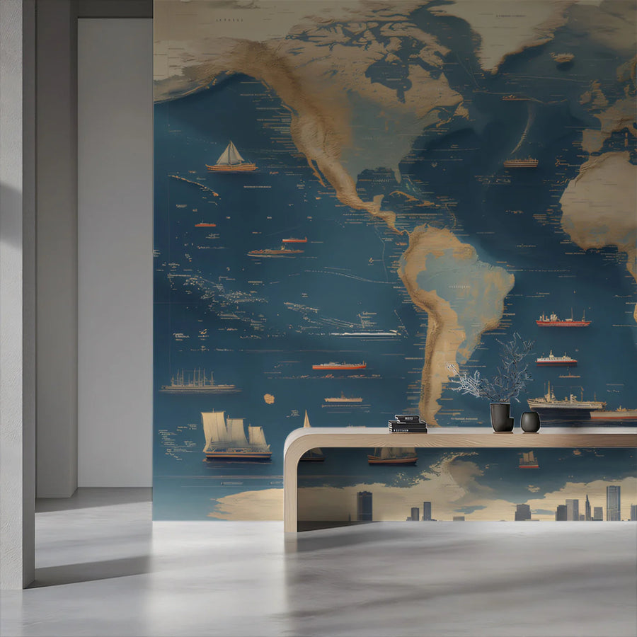 Vintage Maritime World Map Mural Wallpaper — Nautical Wall Decor Mural Wallpaper