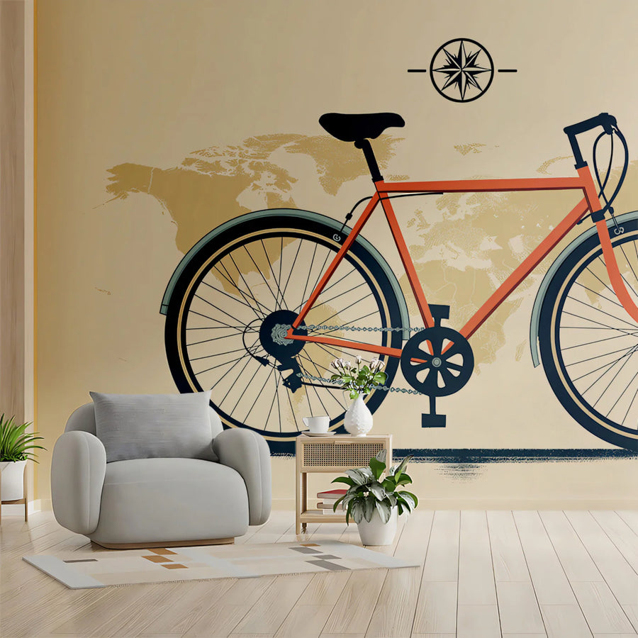 Commuter Bicycle on Vintage Map Mural Wallpaper — Minimalist Travel Mural Wallpaper