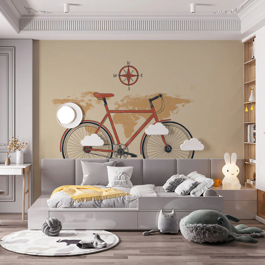 Vintage Bicycle Travel Mural Wallpaper — Hand-Drawn Map Motif Mural Wallpaper