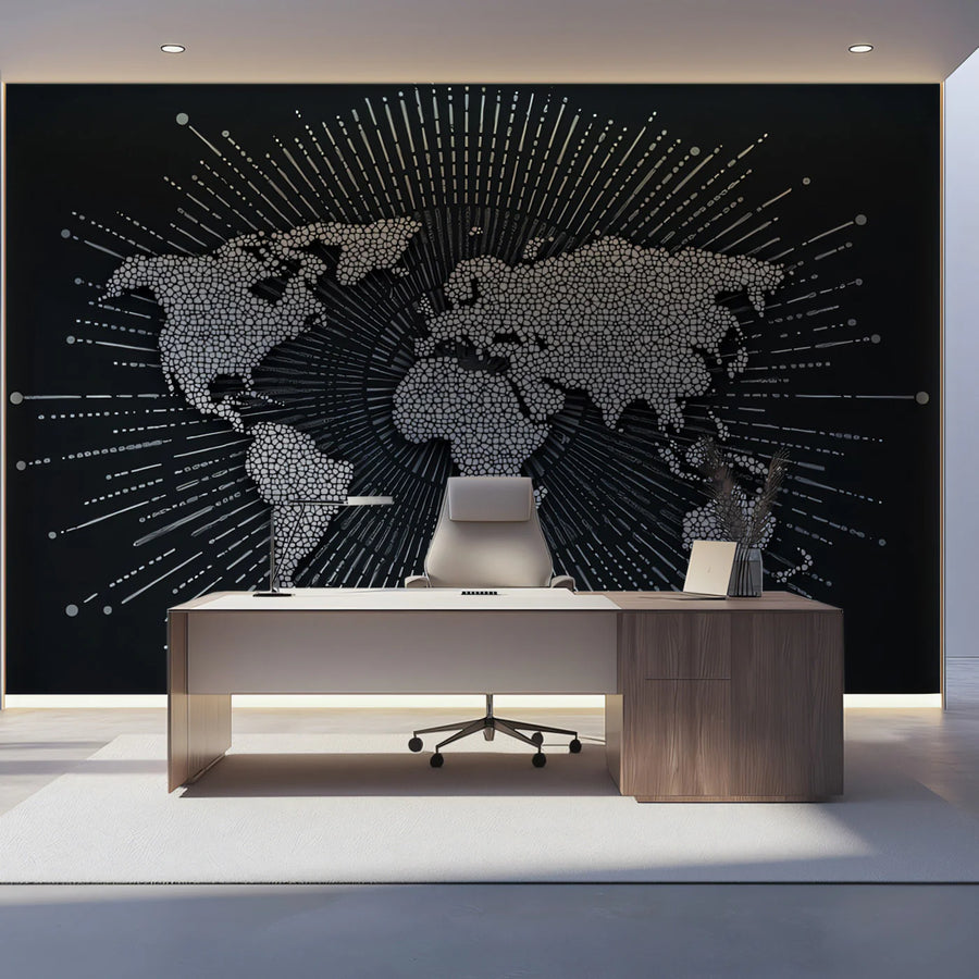 Stippled World Map Mural Wallpaper — Bold Monochrome Burst Mural Wallpaper