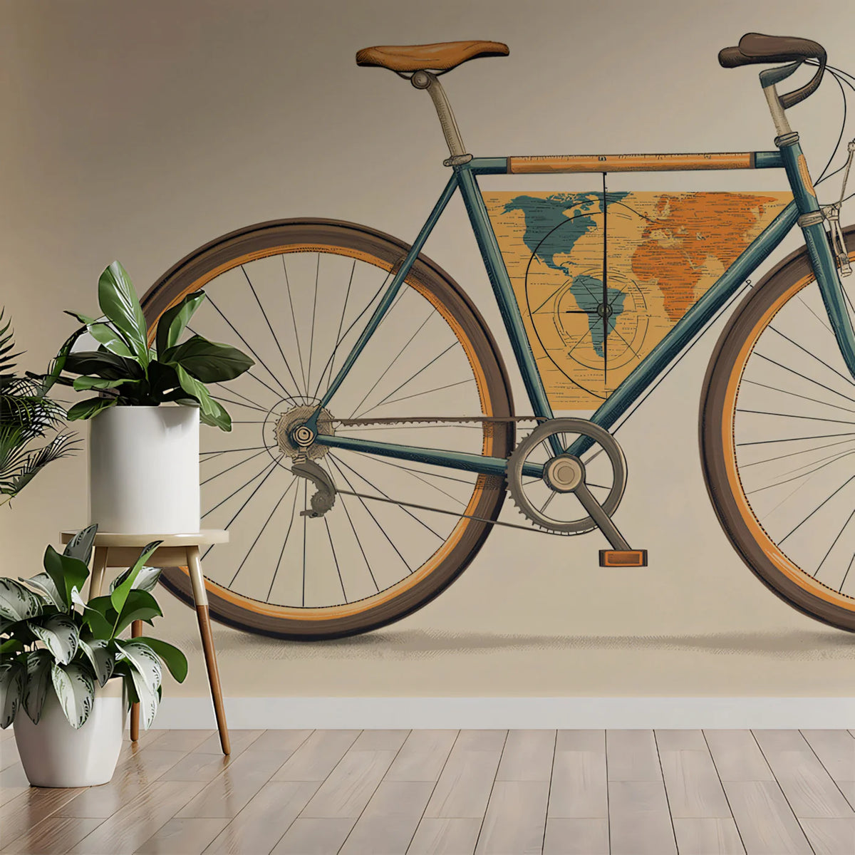 Vintage Bicycle Travel Map Mural Wallpaper —Stylized Illustration Mural Wallpaper - pure wallpaper artwork