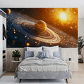 Golden Ringed Planet Mural Wallpaper —Cinematic Cosmic Design Mural Wallpaper - pure wallpaper artwork