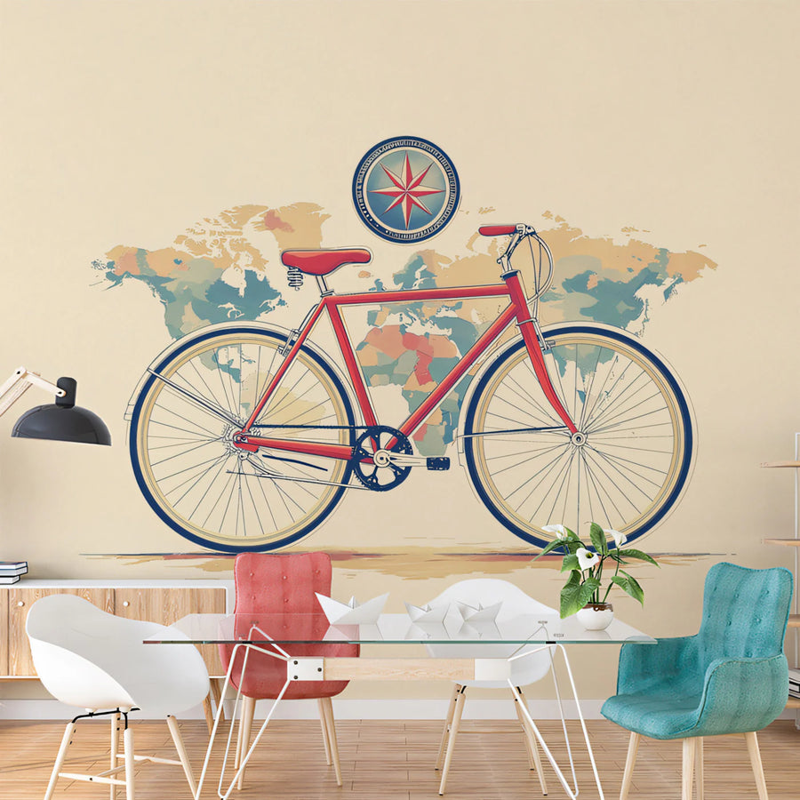 Vintage Bicycle Travel Map Mural Wallpaper — Retro Illustration Mural Wallpaper