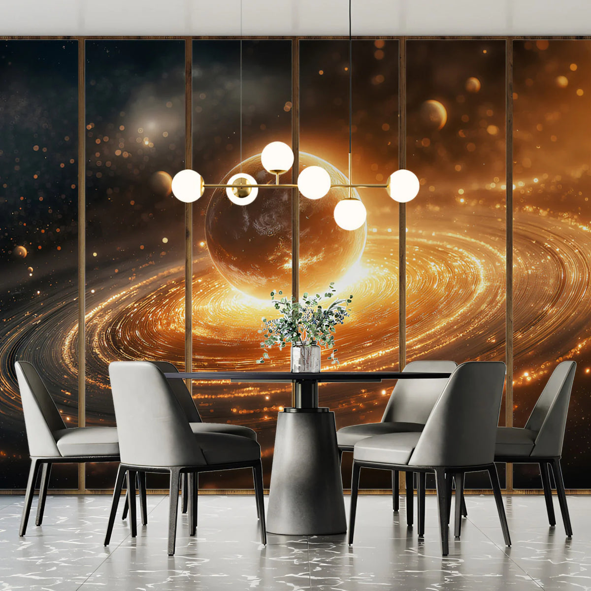 Golden Ringed Planet Mural Wallpaper — Cinematic Cosmic Glow Mural Wallpaper - pure wallpaper artwork