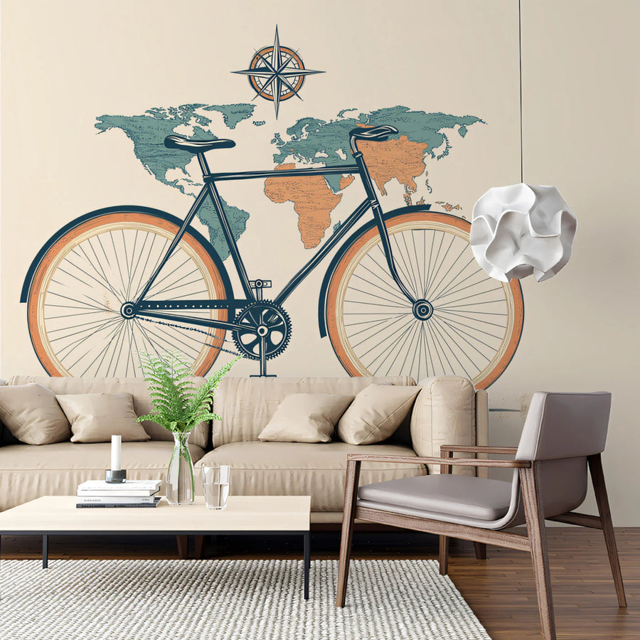 Vintage Bicycle and World Map Mural Wallpaper — Retro Travel Decor Mural Wallpaper