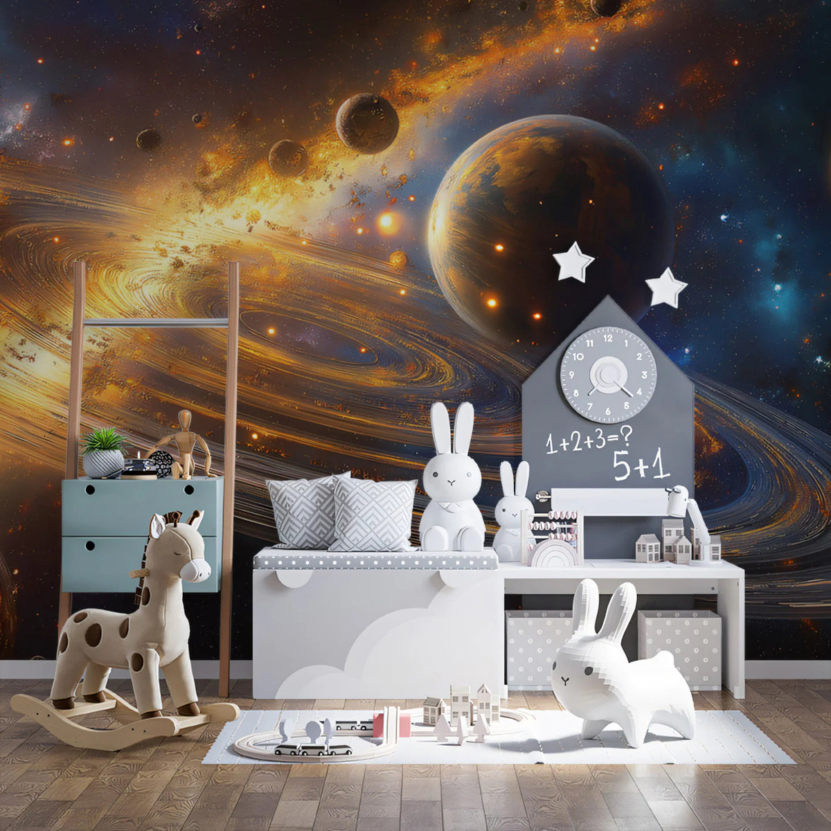 Celestial Ring System Mural Wallpaper — Dynamic Cosmic Decor Mural Wallpaper - pure wallpaper artwork