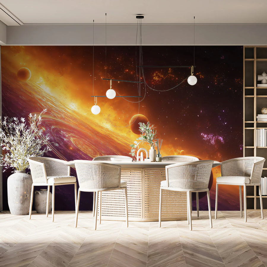 Cosmic Orbit Mural Wallpaper — Vivid Planetary Galaxy Scene Mural Wallpaper