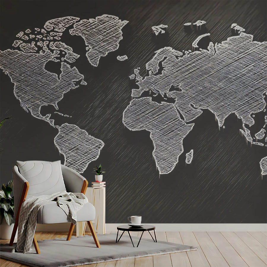 Etched World Map Mural Wallpaper — Artistic Monochrome Cartography Mural Wallpaper