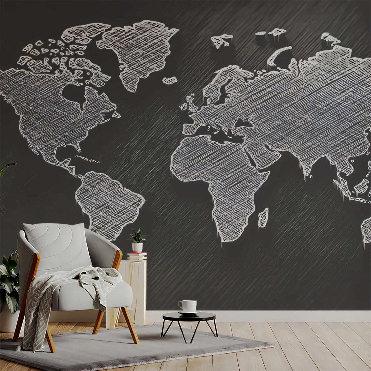 Etched World Map Mural Wallpaper — Artistic Monochrome Cartography Mural Wallpaper - pure wallpaper artwork