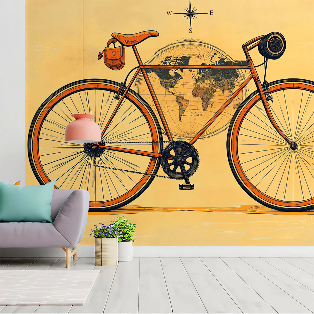 Vintage Bicycle Globe Mural Wallpaper — Travel Inspired Illustration Mural Wallpaper - pure wallpaper artwork