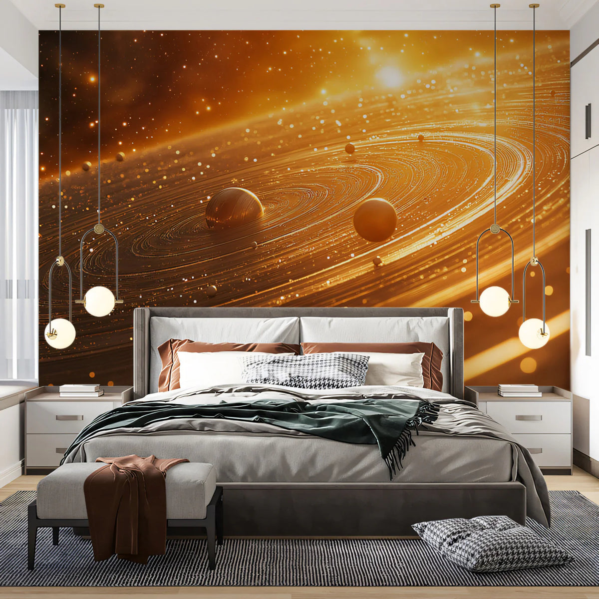 Orbital Rings Celestial Mural Wallpaper —Golden Cosmic Depth Mural Wallpaper - pure wallpaper artwork