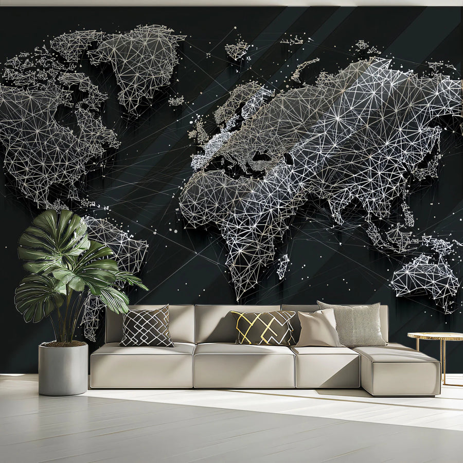 Digital World Map Mural Wallpaper — Low-Poly Mesh Network Mural Wallpaper
