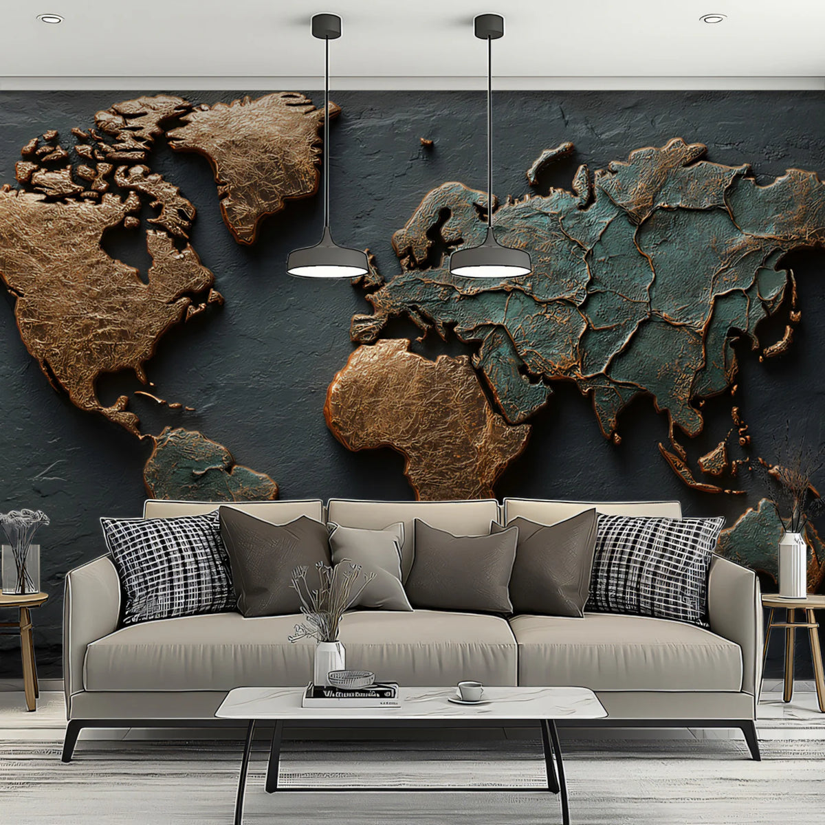 Dual-Tone Metallic World Map Mural Wallpaper — Industrial Relief Mural Wallpaper - pure wallpaper artwork