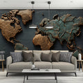 Dual-Tone Metallic World Map Mural Wallpaper — Industrial Relief Mural Wallpaper - pure wallpaper artwork