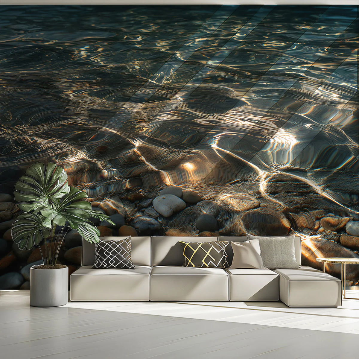 Sunlit Pebble Shore Mural Wallpaper — Calm Coastal Shoreline Mural Wallpaper - pure wallpaper artwork