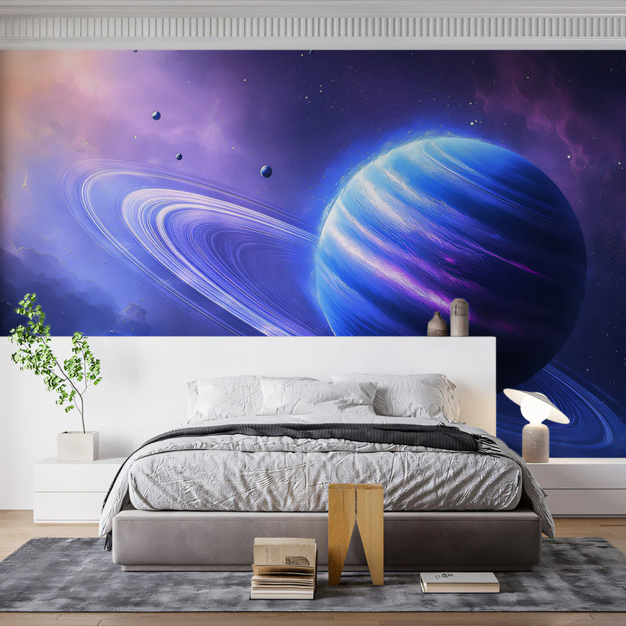 Celestial Ringed Planet Mural Wallpaper — Cosmic Azure and Indigo Mural Wallpaper