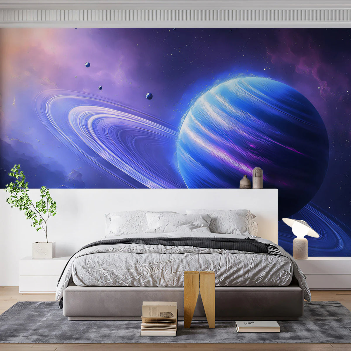 Celestial Ringed Planet Mural Wallpaper — Cosmic Azure and Indigo Mural Wallpaper - pure wallpaper artwork