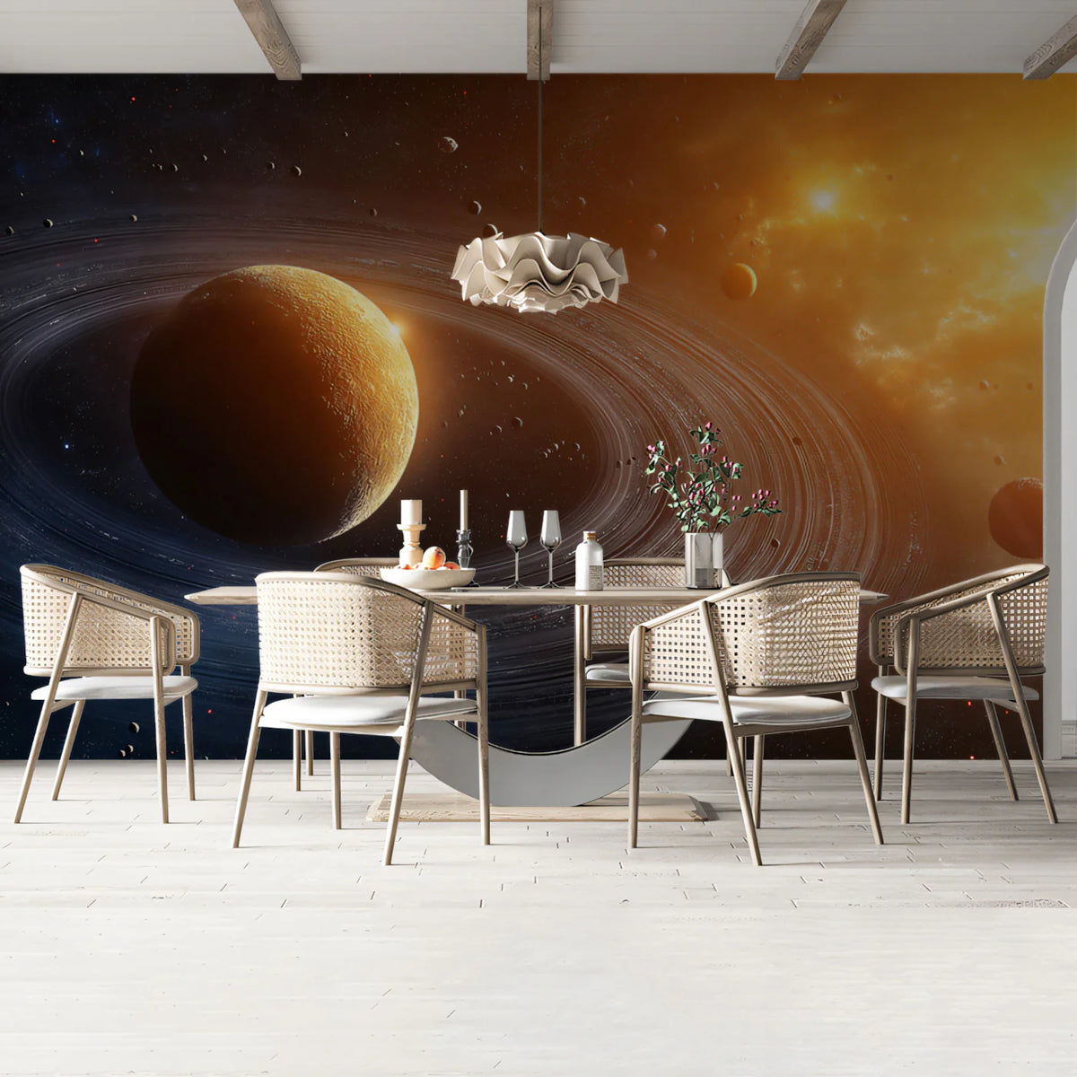 Golden Ringed Planet Space Mural Wallpaper — Cosmic Horizon Design Mural Wallpaper - pure wallpaper artwork