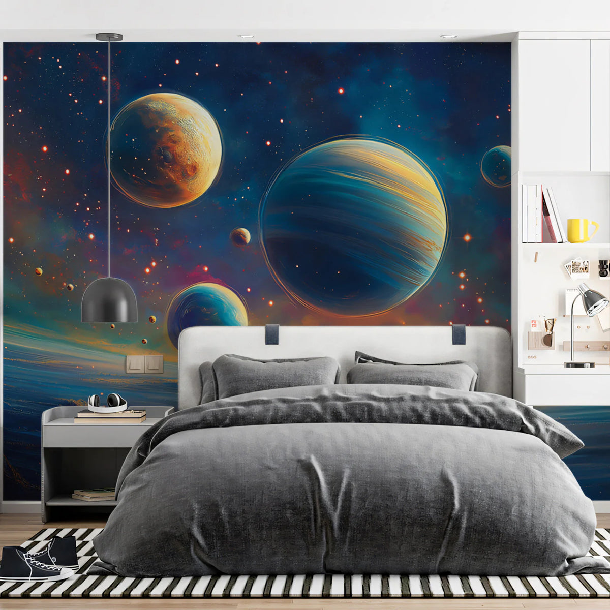 Cosmic Planetary Alignment Mural Wallpaper — Vivid Space Panorama Mural Wallpaper - pure wallpaper artwork
