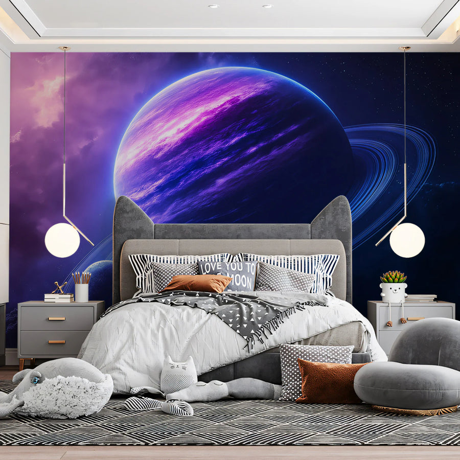 Neon Ringed Planet Mural Wallpaper — Cosmic Space Fantasy Mural Wallpaper