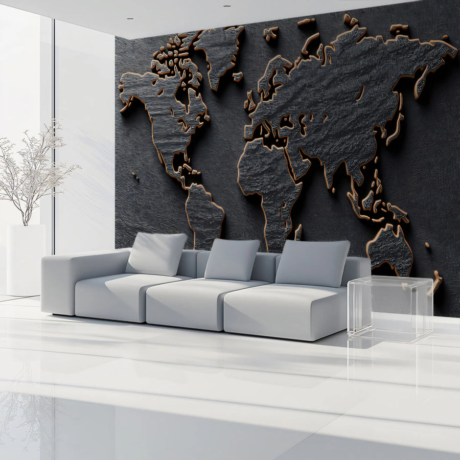 Textured Slate World Map Mural Wallpaper — Metallic Global Relief Mural Wallpaper