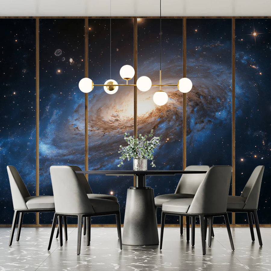Spiral Galaxy Mural Wallpaper — Cosmic Blue and Gold Astronomy Mural Wallpaper