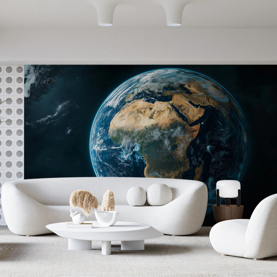 Full Earth View Mural Wallpaper — Celestial Satellite Globe Design Mural Wallpaper