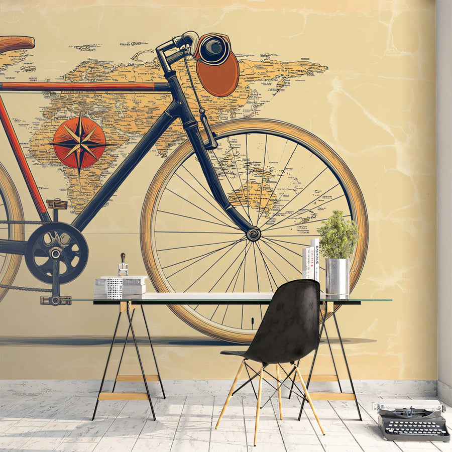 Vintage Bicycle World Map Mural Wallpaper — Retro Travel Illustration Mural Wallpaper