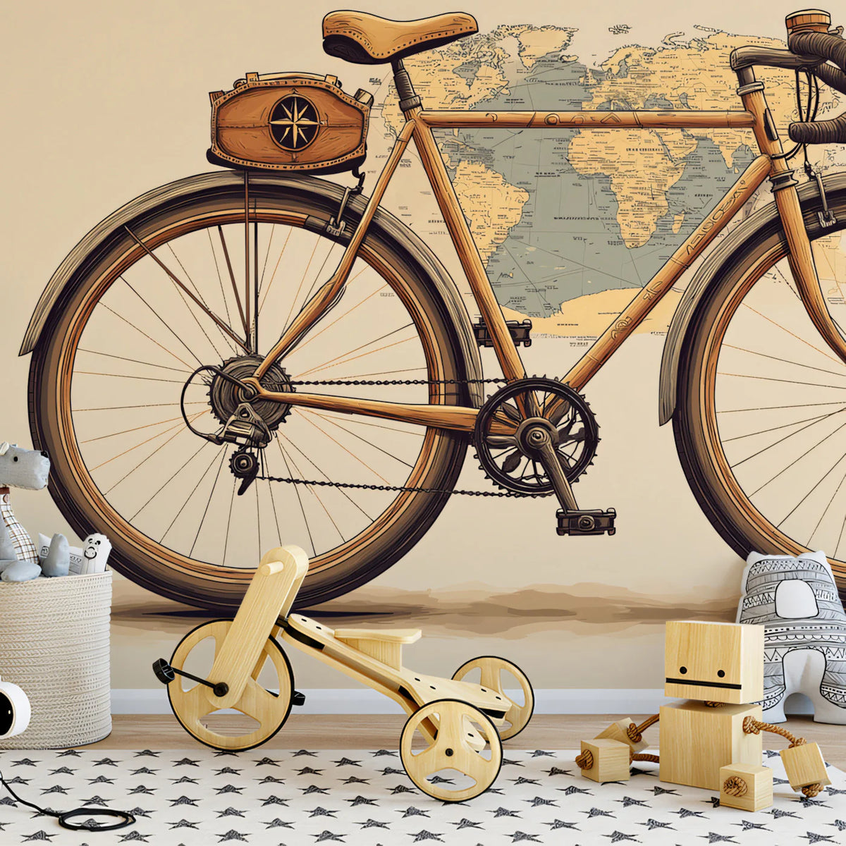 Vintage Bicycle Travel Map Mural Wallpaper — Retro Exploration Theme Mural Wallpaper - pure wallpaper artwork