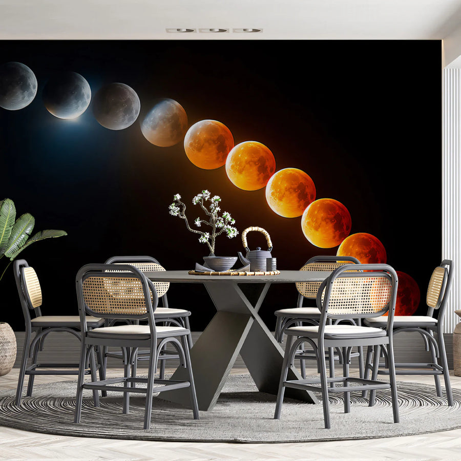 Lunar Eclipse Progression Mural Wallpaper Full Color Shift, Time-Lapse Celestial Event, Dark Background Mural Wallpaper