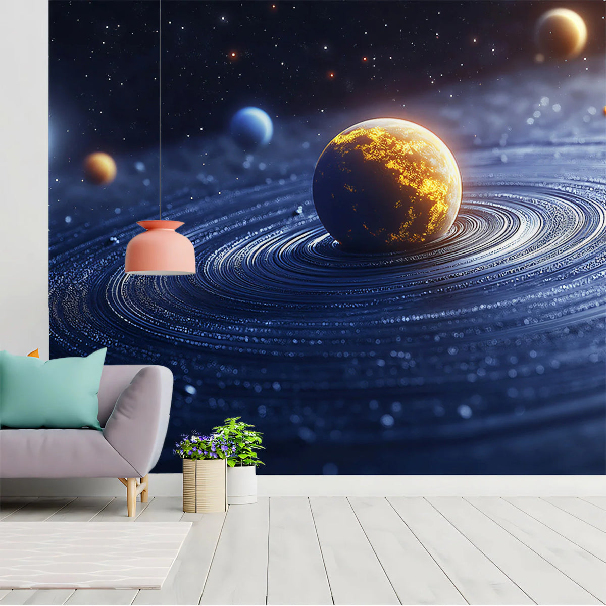 Celestial Ring System Planet Mural Wallpaper — Cosmic Blue Decor Mural Wallpaper - pure wallpaper artwork