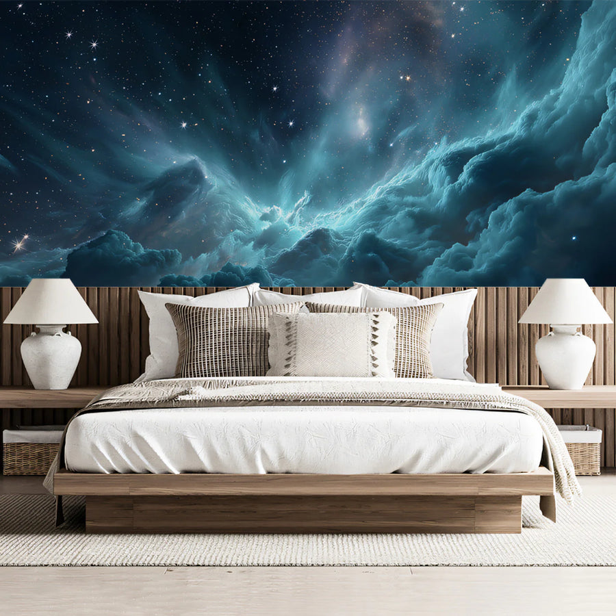 Nebula Cloudscape Mural Wallpaper — Deep Teal and Cosmic Blue Mural Wallpaper