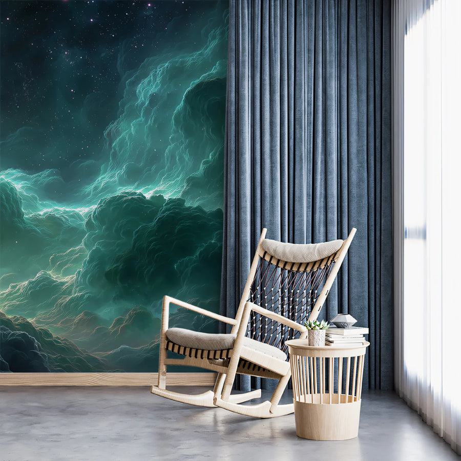Emerald Nebula Cloud Mural Wallpaper — Deep Space Cosmic Design Mural Wallpaper