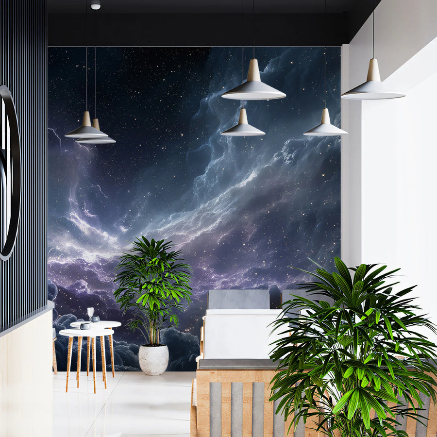 Cosmic Nebula Mural Wallpaper — Deep Purple and Electric Blue Mural Wallpaper