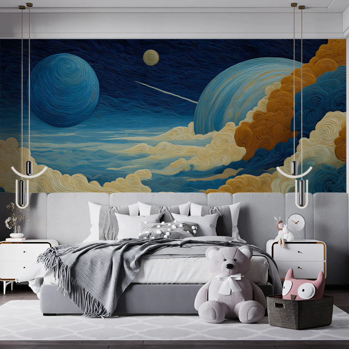 Celestial Cloudscape Mural Wallpaper — Textured Artistic Cosmic Scene Mural Wallpaper - pure wallpaper artwork