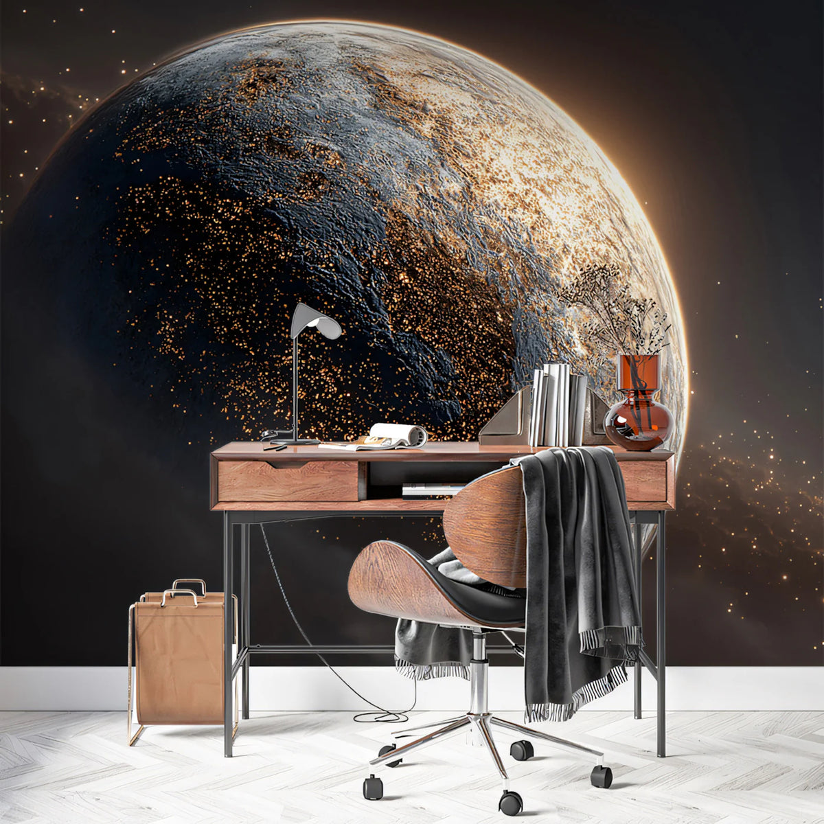 Cosmic Night City Planet Mural Wallpaper — Cinematic Orbit View Mural Wallpaper - pure wallpaper artwork