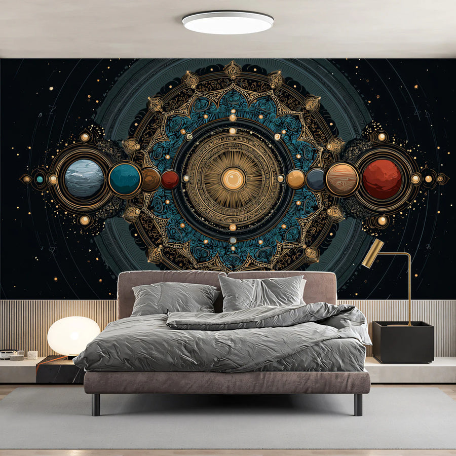 Celestial Mandala Mural Wallpaper — Intricate Cosmic Alignment Mural Wallpaper