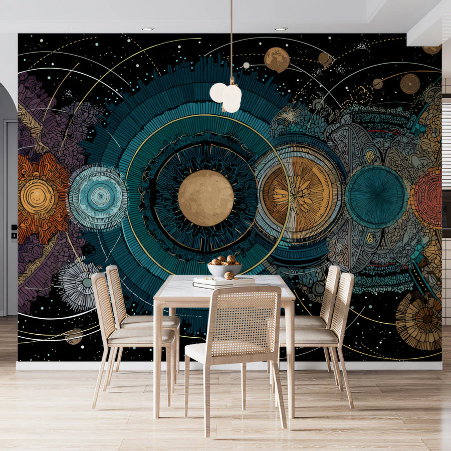 Celestial Mandala Mural Wallpaper — Intricate Cosmic Geometry Mural Wallpaper