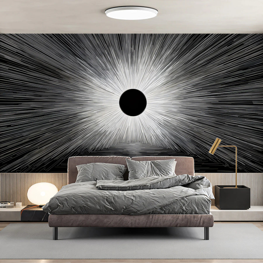 Solar Eclipse Radial Mural Wallpaper — Dramatic Monochrome Graphic Mural Wallpaper