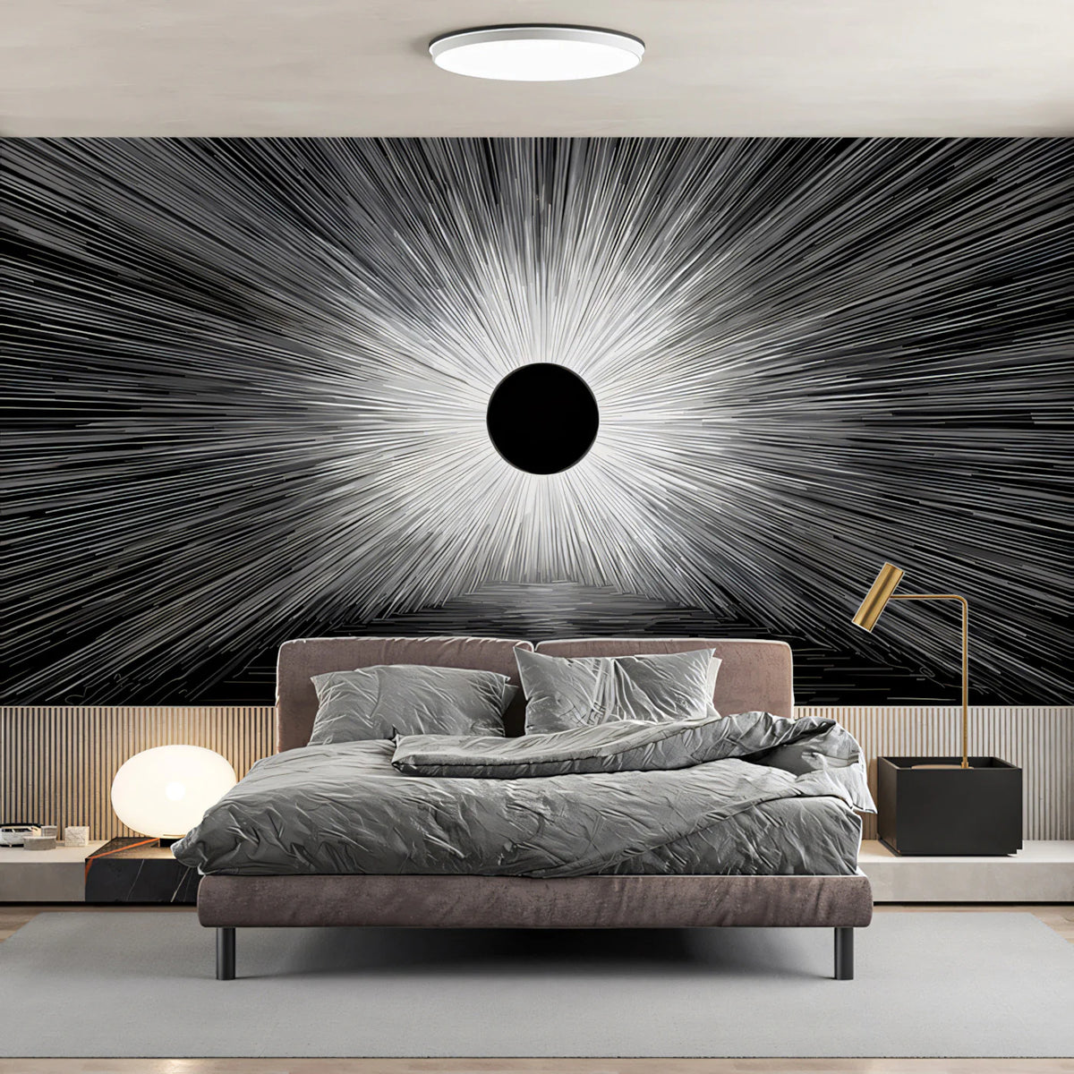 Solar Eclipse Radial Mural Wallpaper — Dramatic Monochrome Graphic Mural Wallpaper - pure wallpaper artwork