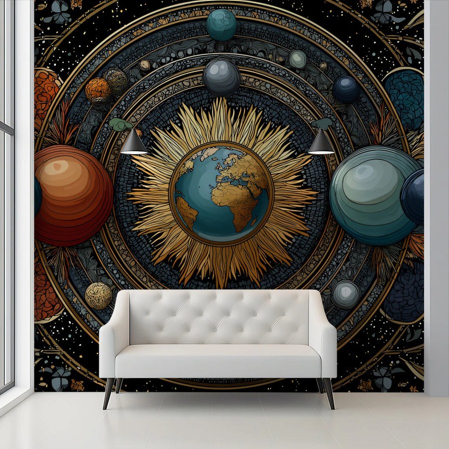 Celestial Orbits Mural Wallpaper — Ornate Solar System Motif Mural Wallpaper