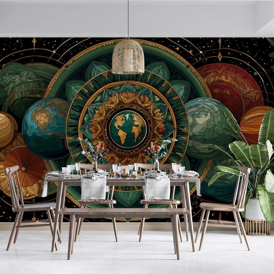 Celestial Mandala Mural Wallpaper — Earthy Cosmic Geometry Mural Wallpaper