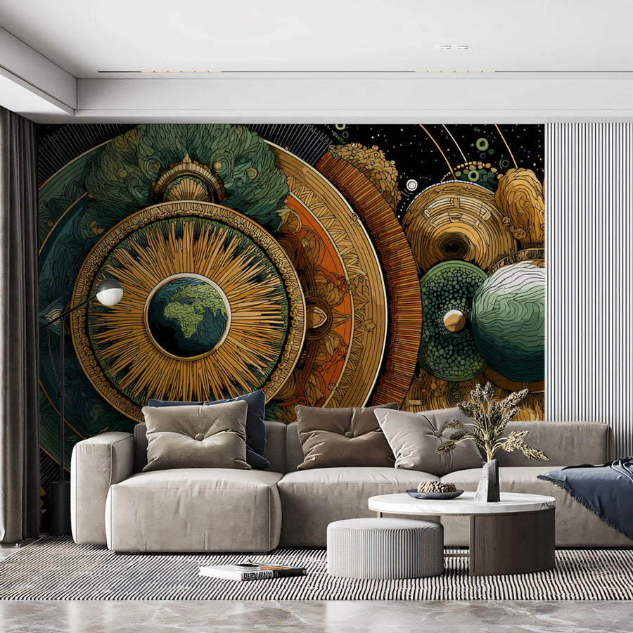 Cosmic Mandala Mural Wallpaper — Earth Toned Geometric Symmetry Mural Wallpaper