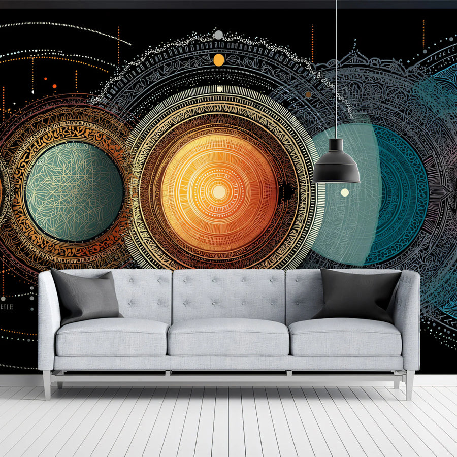 Celestial Orbits Mural Wallpaper — Intricate Mandala Planetary Art Mural Wallpaper