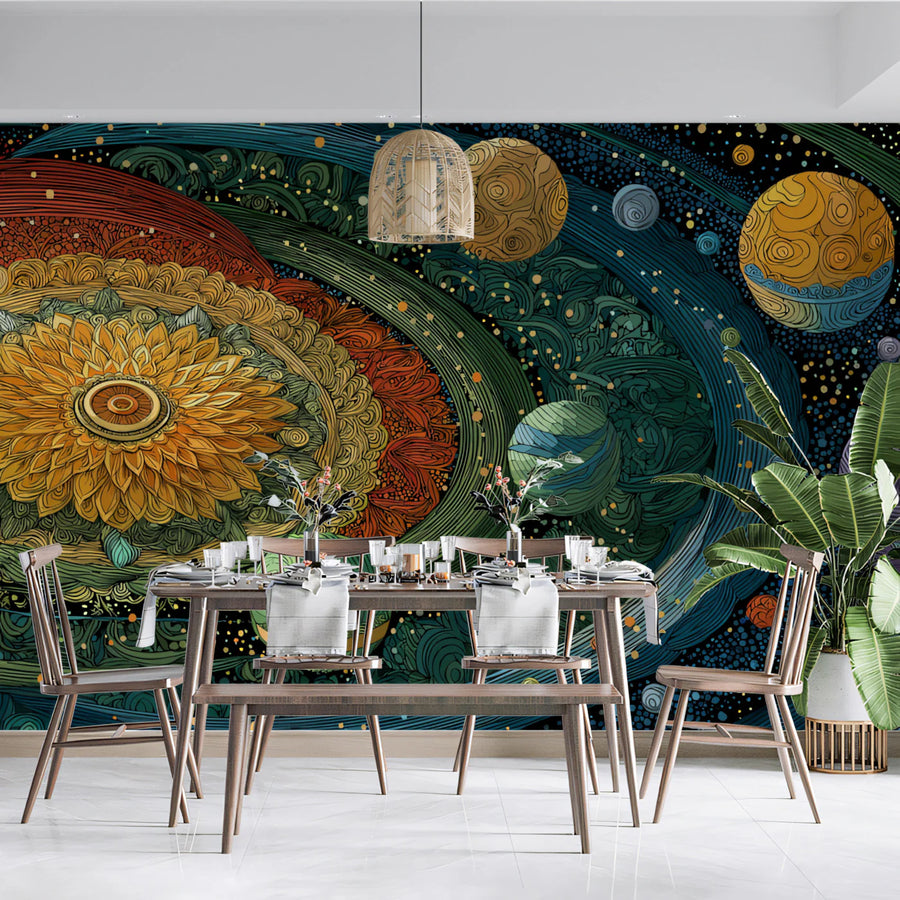 Cosmic Mandala Mural Wallpaper — Floral Celestial Art in Vibrant Hues Mural Wallpaper