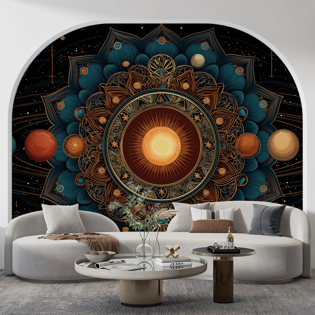Celestial Lotus Mandala Mural Wallpaper — Deep Teal and Gold Orbits Mural Wallpaper - pure wallpaper artwork