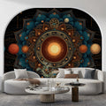 Celestial Lotus Mandala Mural Wallpaper — Deep Teal and Gold Orbits Mural Wallpaper - pure wallpaper artwork