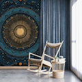Celestial Mandala Mural Wallpaper — Deep Navy and Gold Astronomy Mural Wallpaper - pure wallpaper artwork